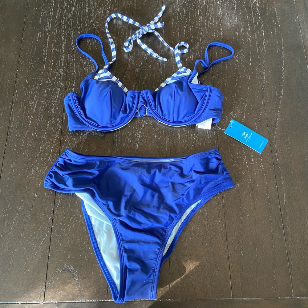 Cupshe Cobalt Blue Striped Two Piece Swimsuit Bikini NWT Small‎ Nautical Coastal